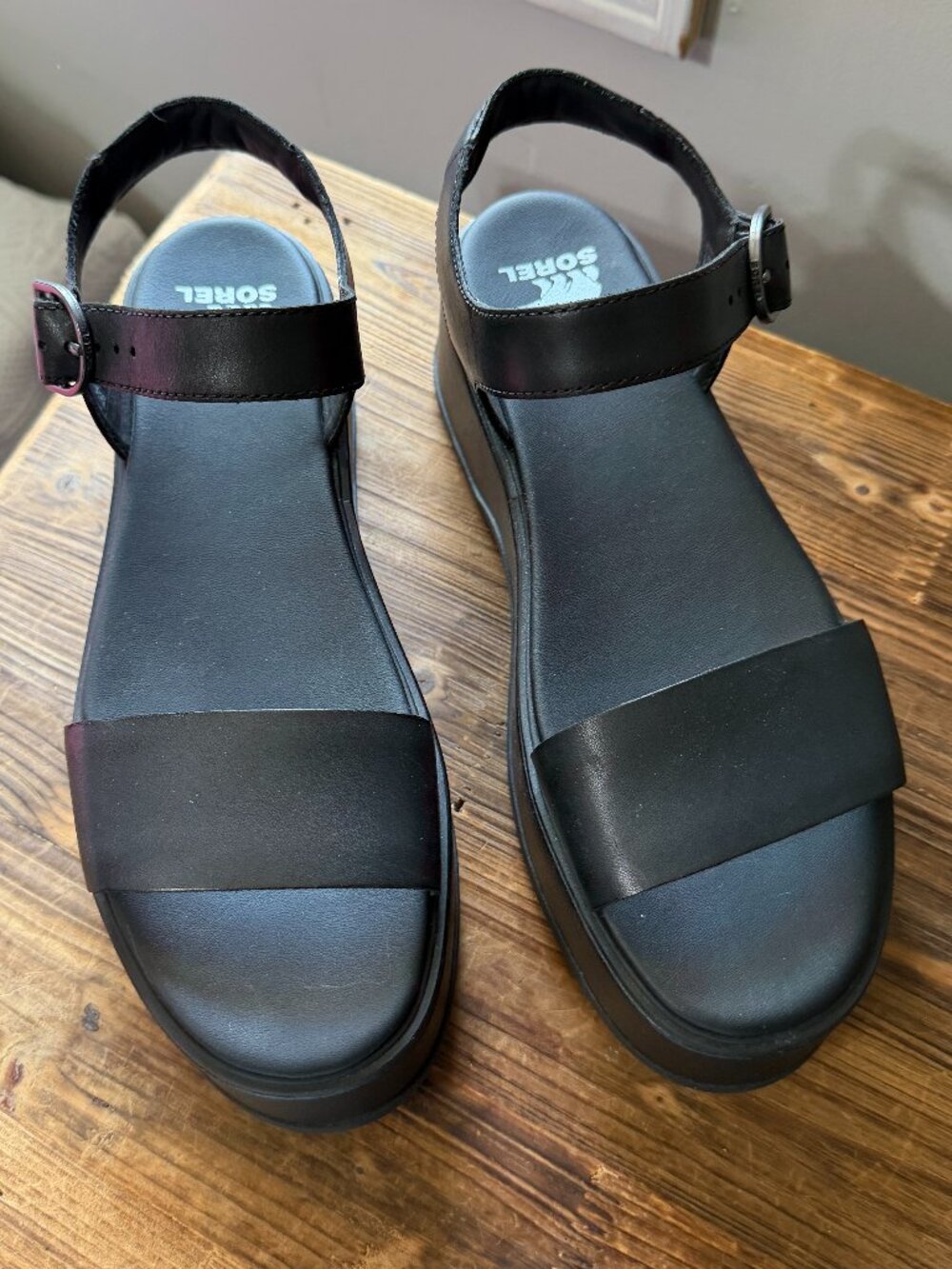 SOREL Black Leather Platform Wedge Ankle Strap Sandals size 9